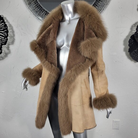 LUOLAIMA~S/M~BROWN GENUINE SHEARLING REAL FOX FUR SUEDE LEATHER COAT JACKET - Picture 7 of 16
